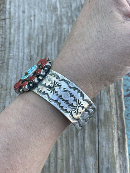 Navajo Sterling Kingman Web Turquoise & Red Coral Taos Bracelet Cuff