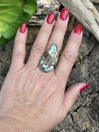 Navajo Sterling Silver Number 8 Turquoise Statement Ring Size 6.5