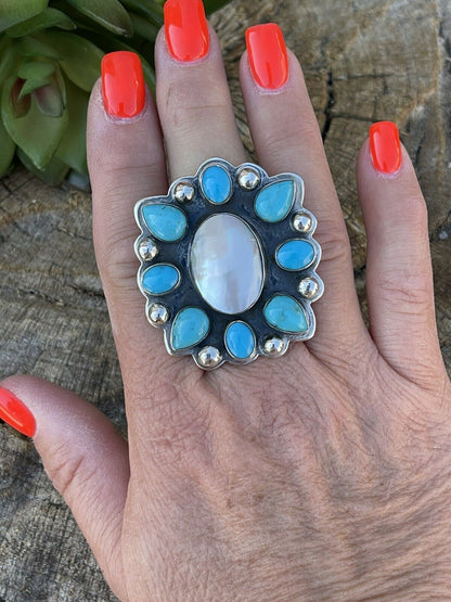 Navajo Cluster Turquoise & Mother Of Pearl Sterling Silver Ring Sz Is Adjustable