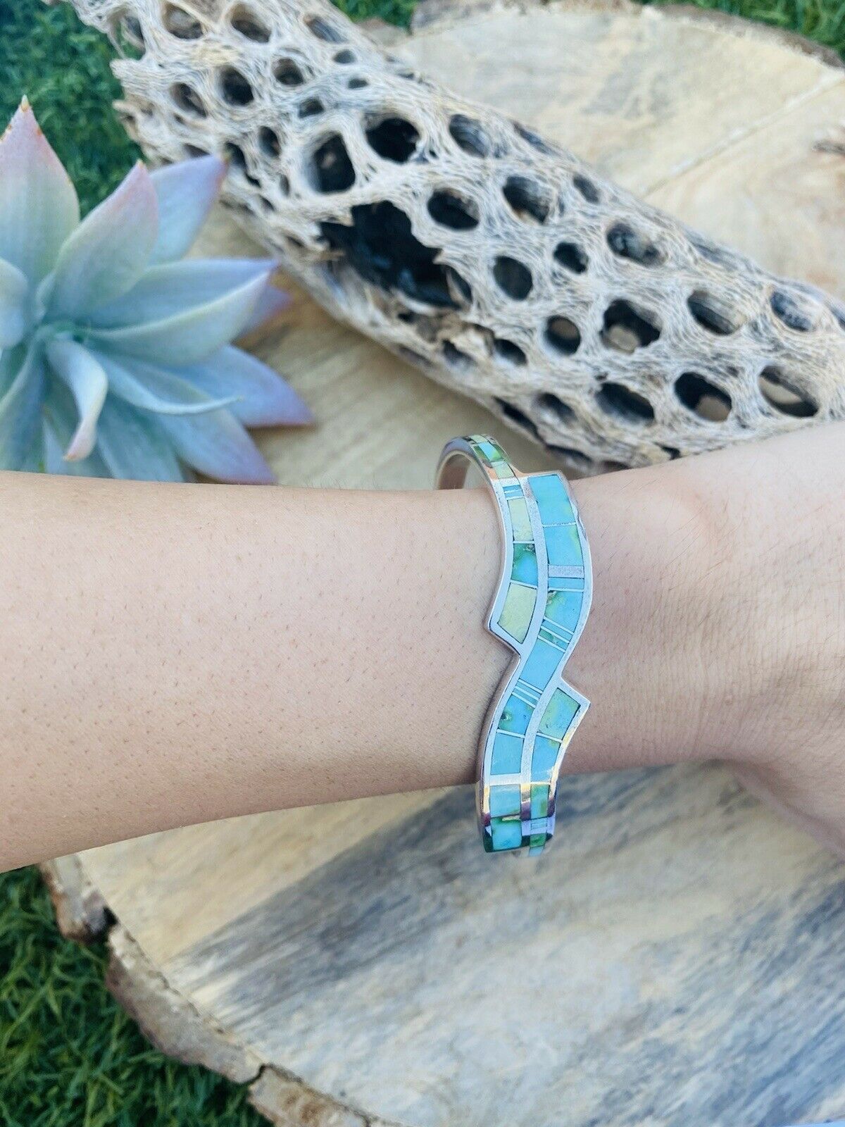 Navajo Sonoran Mountain Turquoise & Sterling Silver Inlay Cuff Bracelet