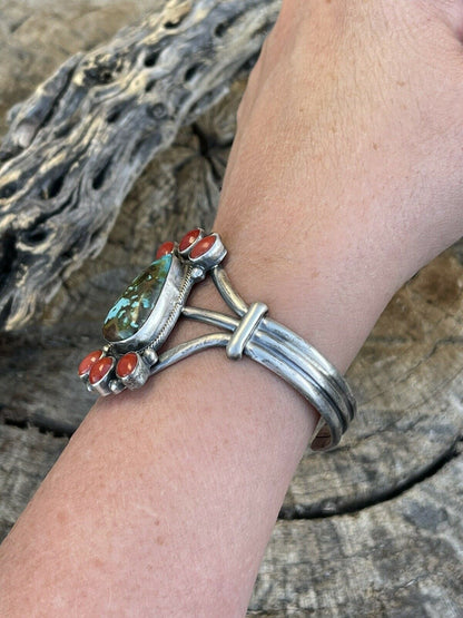 Navajo Sterling Kingman Web Turquoise & Red Coral Taos Bracelet Cuff Johnson