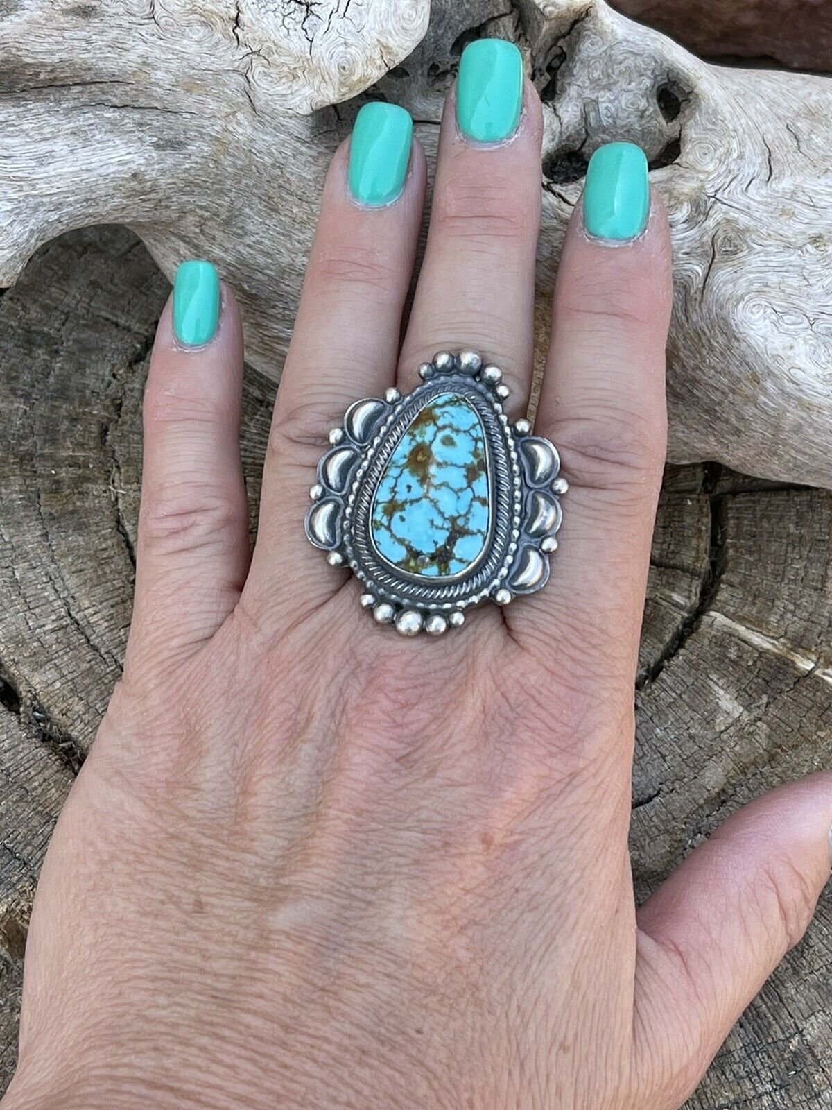 Navajo Sonoran Mountain Turquoise & Sterling Silver Statement Ring Size 7