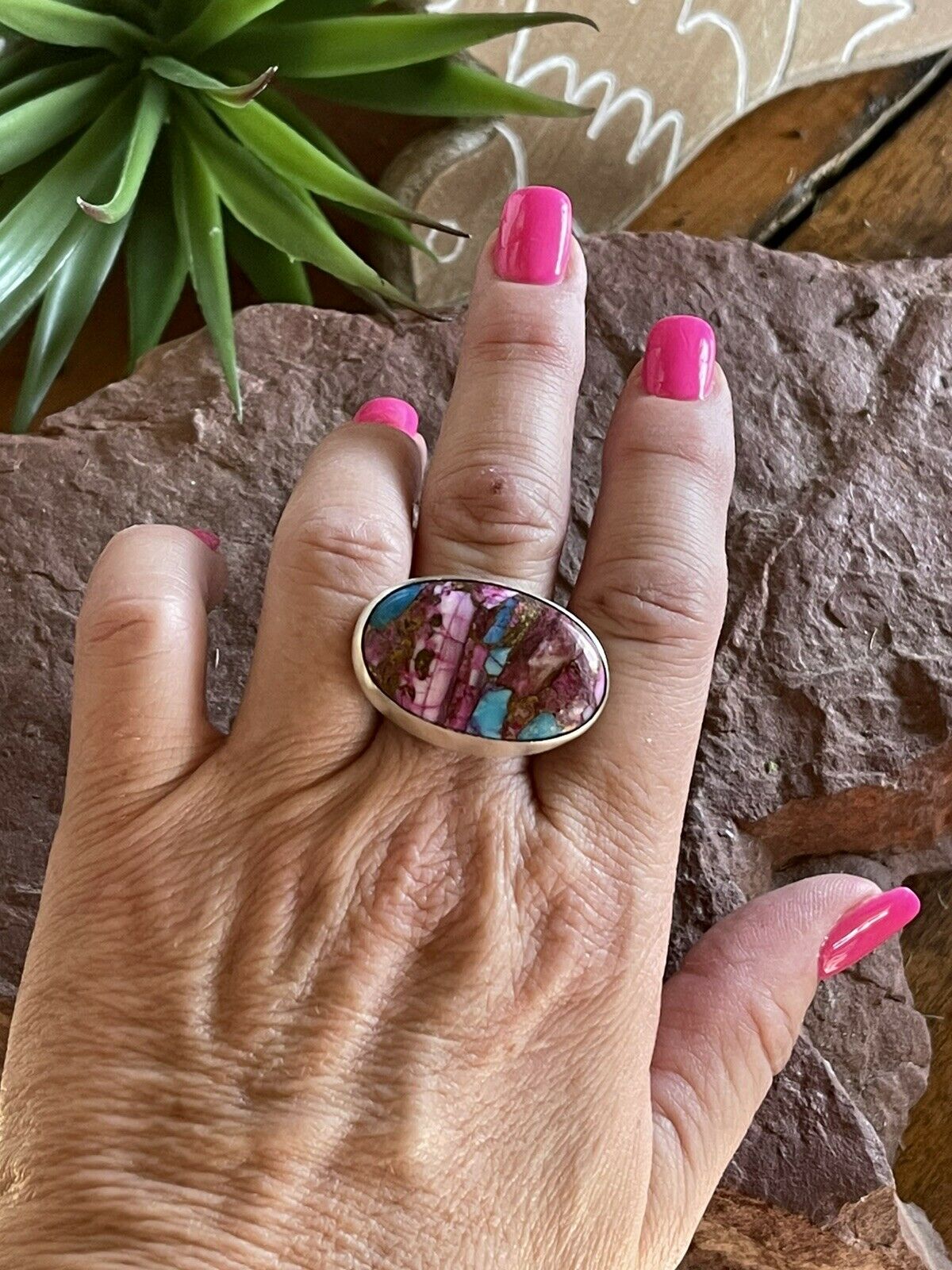 Navajo Pink Dream Mojave Oval Rope & Sterling Silver Adjustable Ring