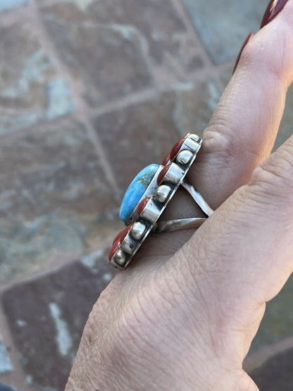 Navajo Sterling Silver Kingman Web Turquoise & Red Coral Taos Ring Sz 5.5