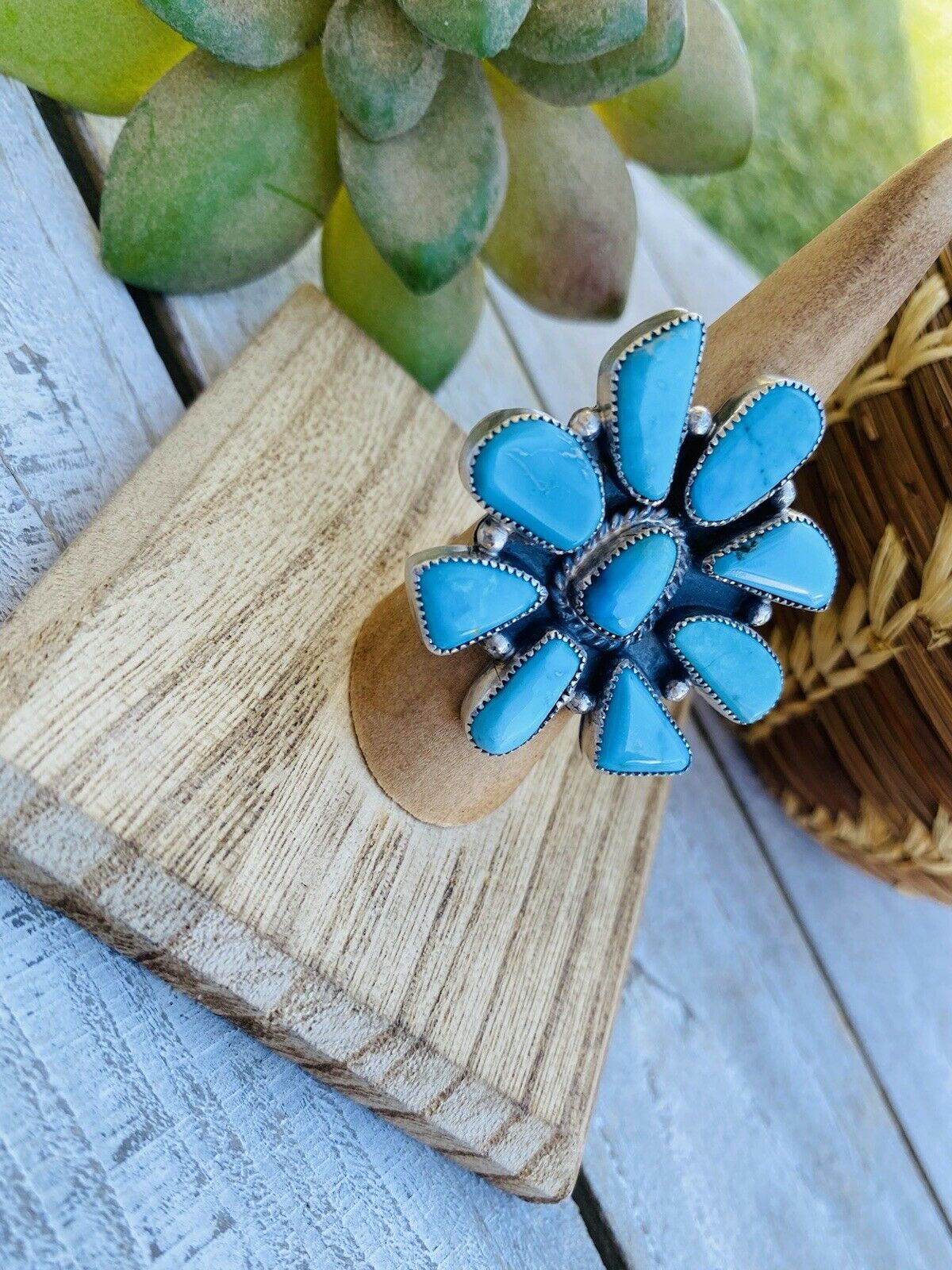 Navajo Turquoise & Sterling Silver Cluster Ring Size 7