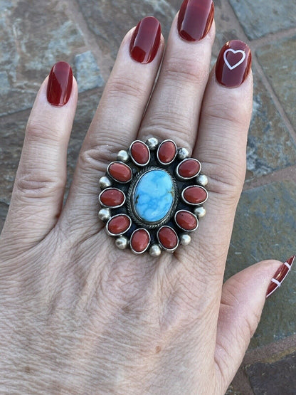 Navajo Sterling Silver Kingman Web Turquoise & Red Coral Taos Ring Sz 5.5