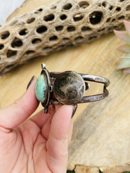 Vintage Navajo Turquoise & Sterling Silver Liberty Coin Cuff Bracelet