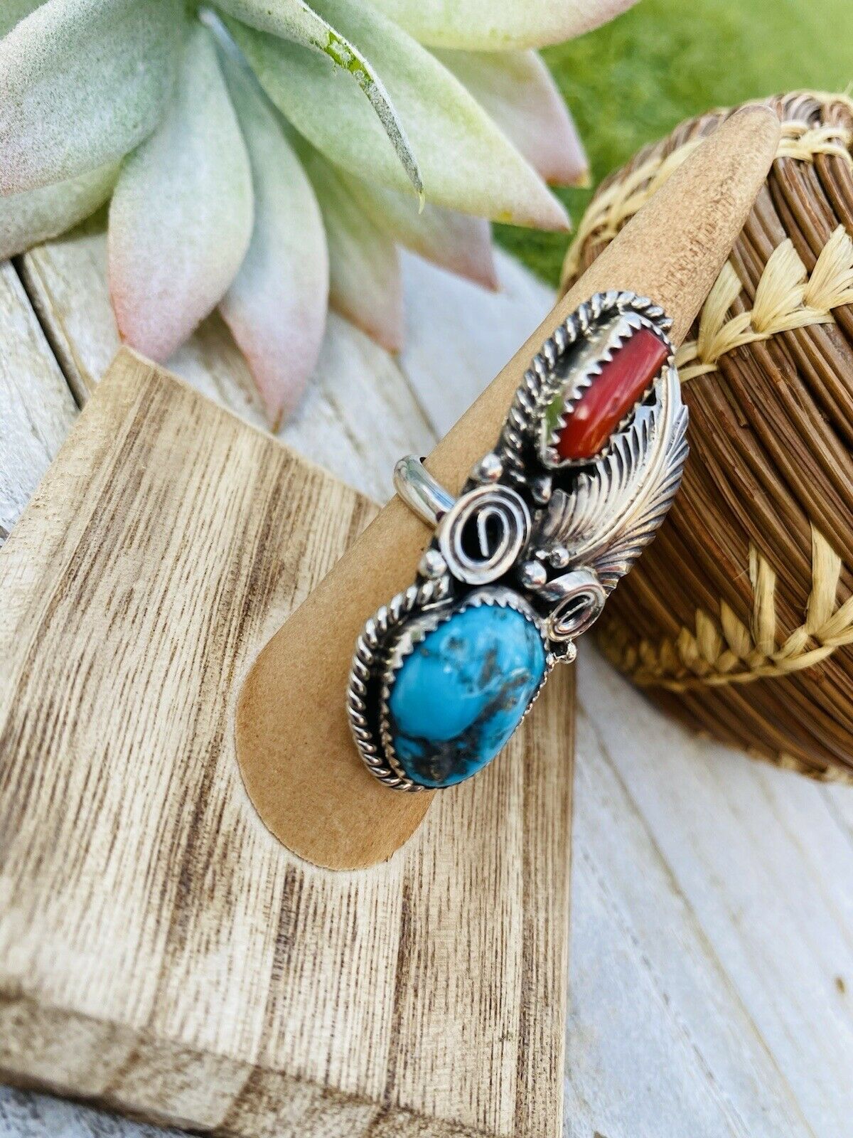 Navajo Turquoise, Coral & Sterling Silver Ring Size 5.5