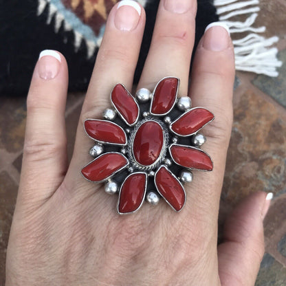 Navajo Sterling Silver Natural Red Coral Cluster Ring Lorenzo James