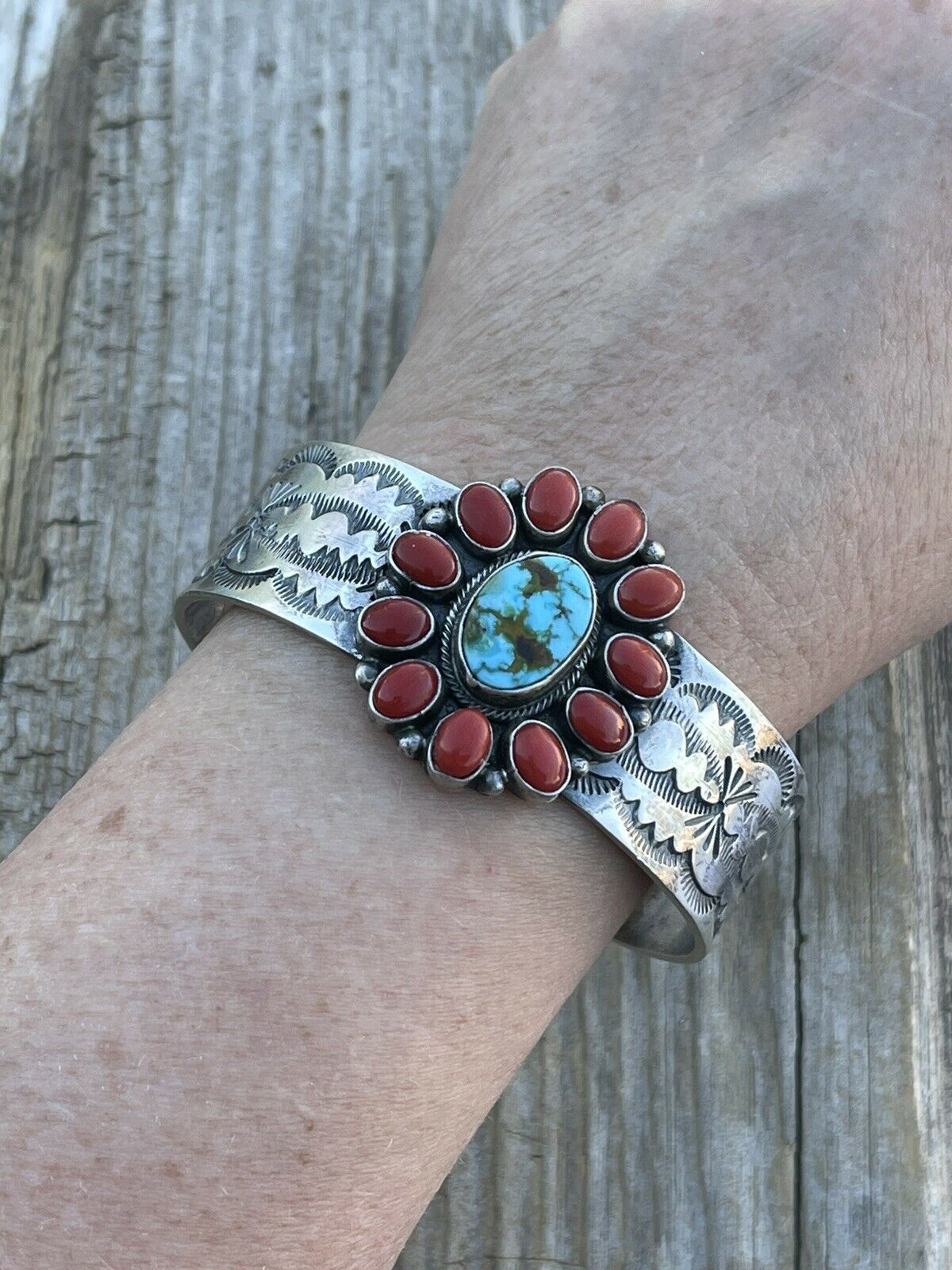 Navajo Sterling Kingman Web Turquoise & Red Coral Taos Bracelet Cuff