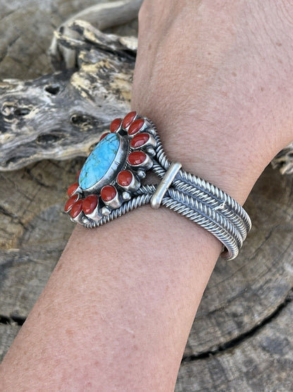 Navajo Sterling Kingman Web Turquoise & Red Coral Taos Bracelet Cuff B. Johnson