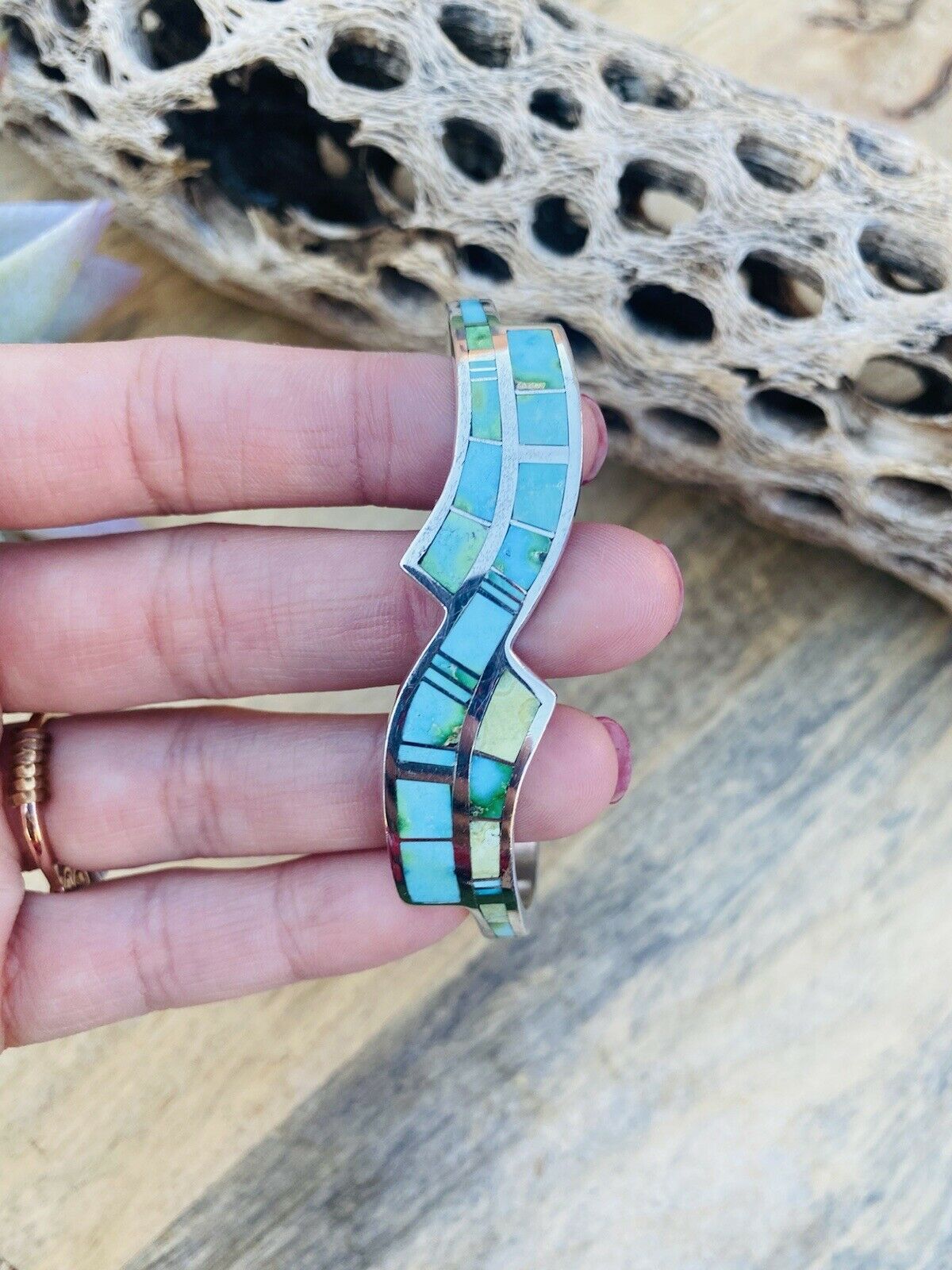 Navajo Sonoran Mountain Turquoise & Sterling Silver Inlay Cuff Bracelet