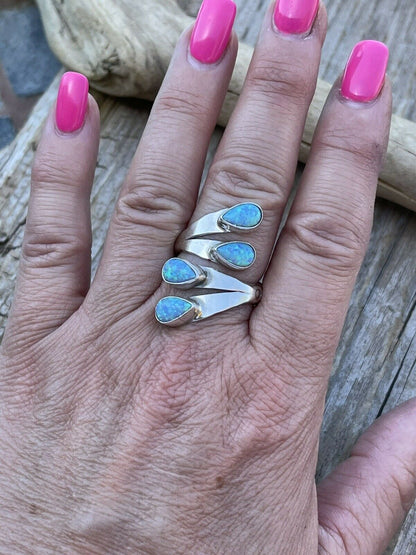 Navajo Sterling Silver Bright Blue Opal Adjustable 4 Stone Ring