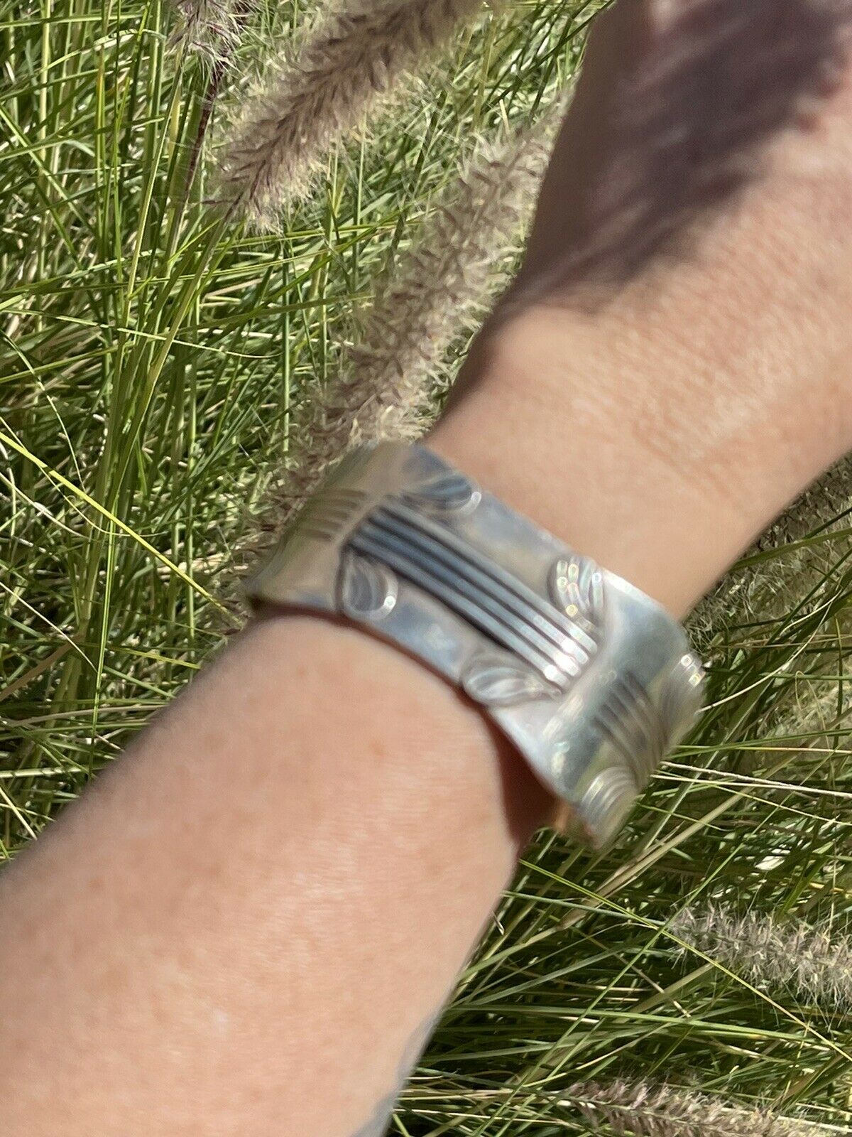 Vintage Navajo Sterling Silver Sleek Lined Bracelet Cuff Signed