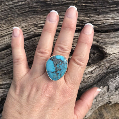 Stunning Rope Style Turquoise & Sterling Silver Navajo Ring Size 6