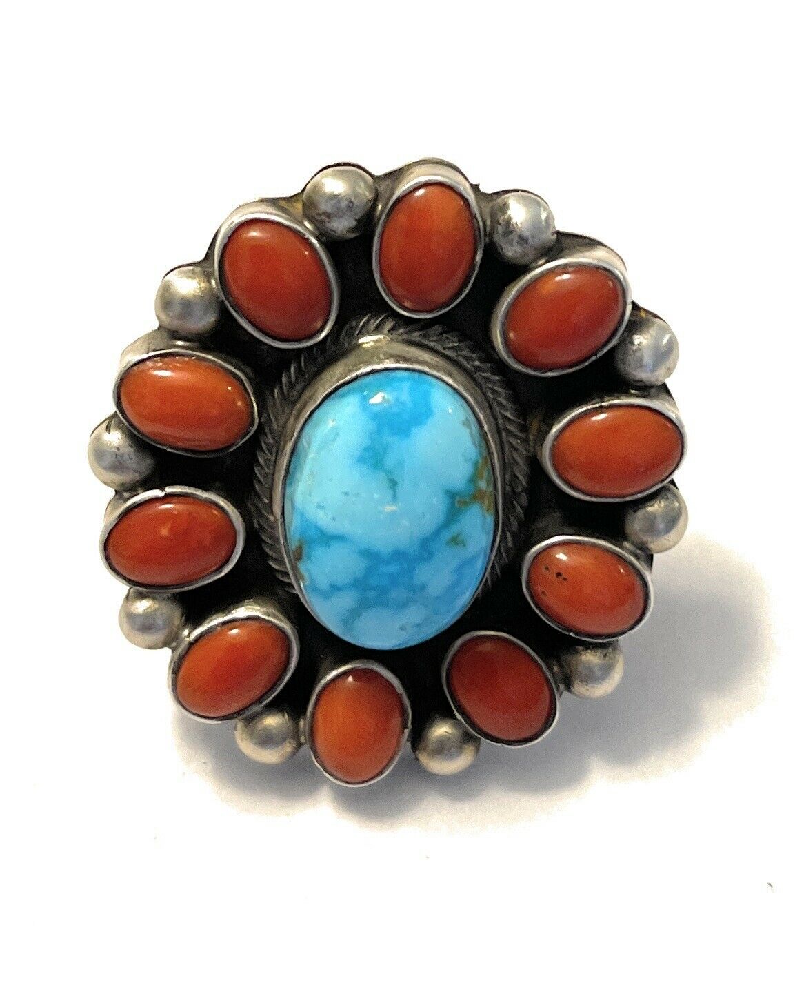 Navajo Sterling Silver Kingman Web Turquoise & Red Coral Taos Ring Sz 5.5