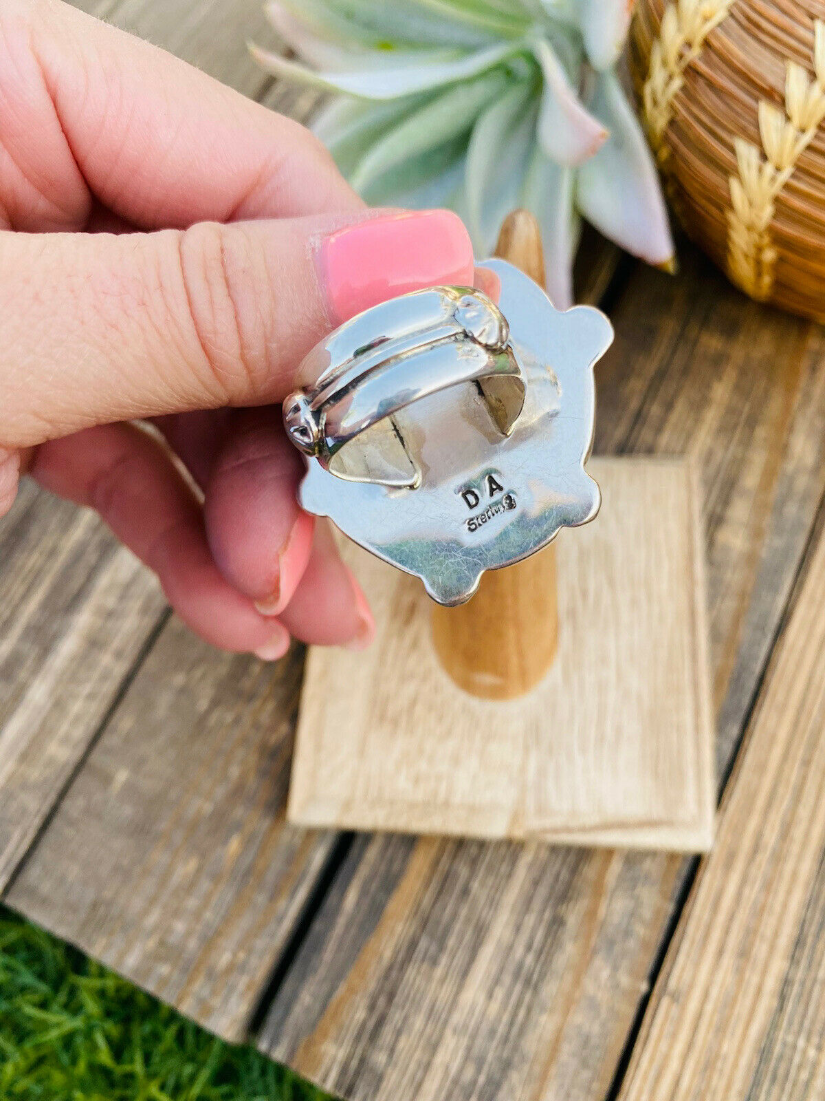 Navajo Turquoise, Coral & Sterling Silver Ring Size 9