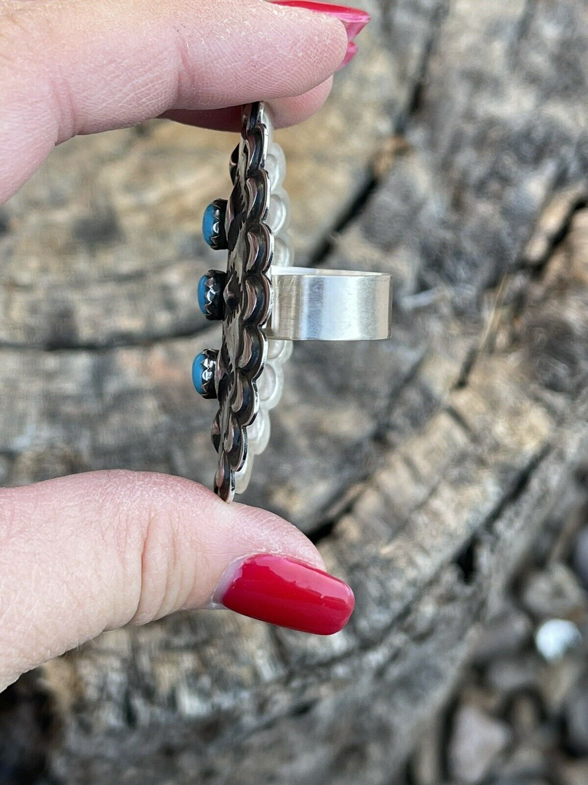 Navajo 3 Stone Turquoise & Sterling Silver Concho Ring Adjustable Signed L.Tahe