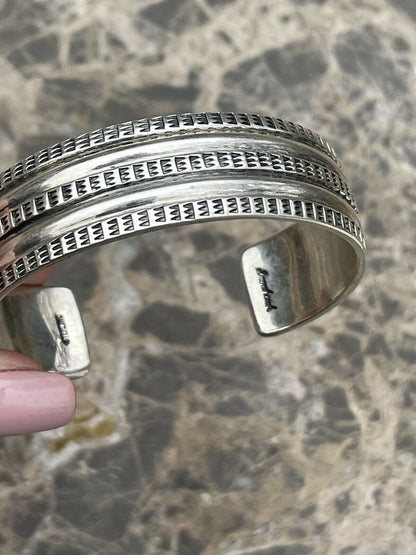 Navajo Sterling Silver Tribal Style Hand Stamped Bracelet Cuff Signed