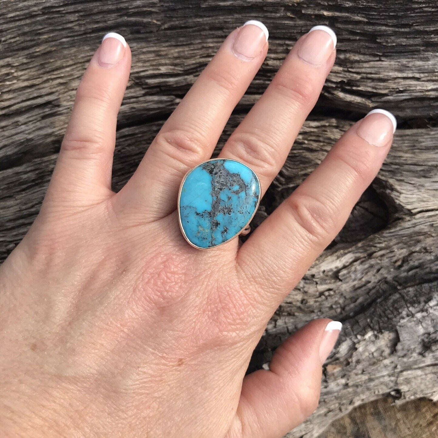 Stunning Rope Style Turquoise & Sterling Silver Navajo Ring Size 6