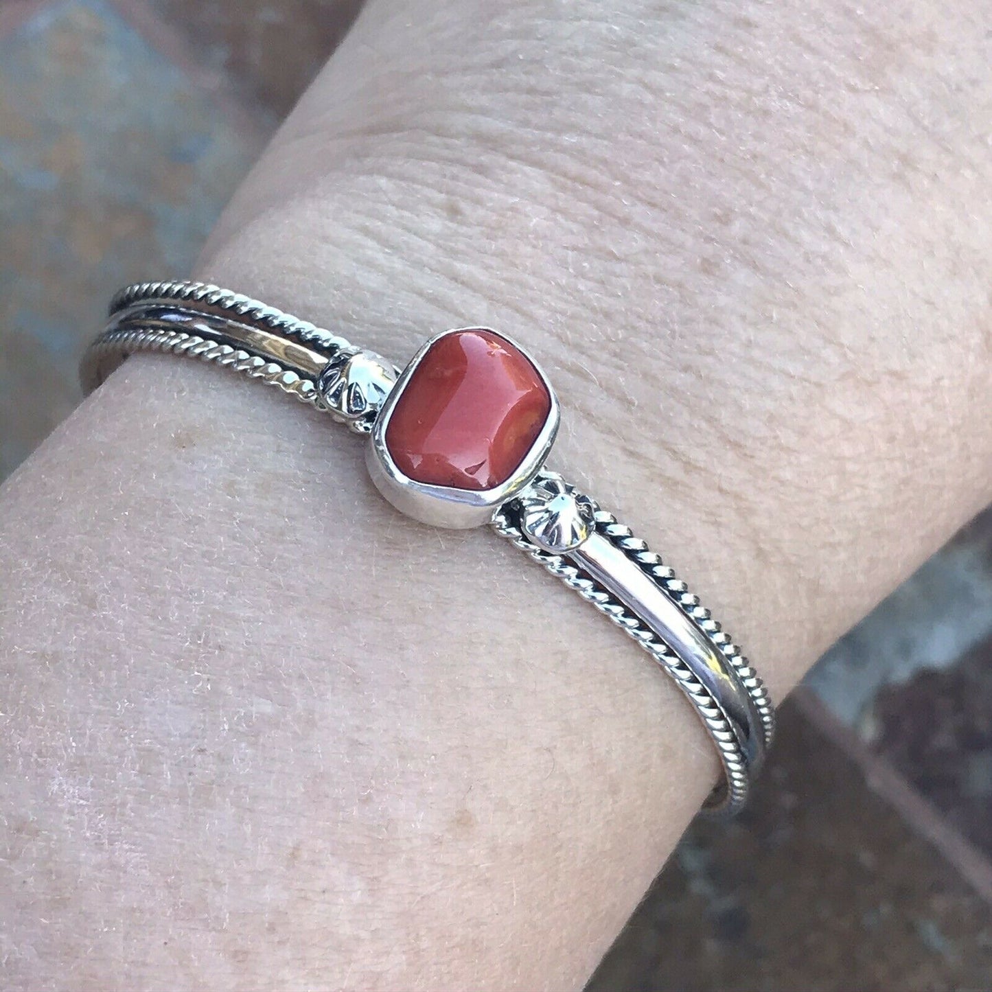 Sterling Silver Natural Red Coral Stacker Cuff Bracelet