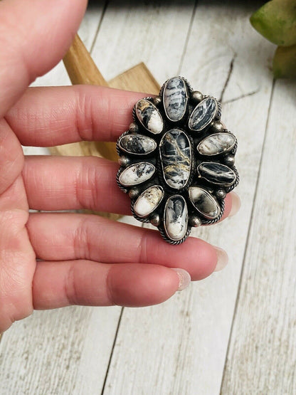 Navajo Sterling Silver And White Buffalo Adjustable Cluster Ring  Signed