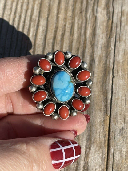 Navajo Sterling Silver Kingman Web Turquoise & Red Coral Taos Ring Sz 5.5