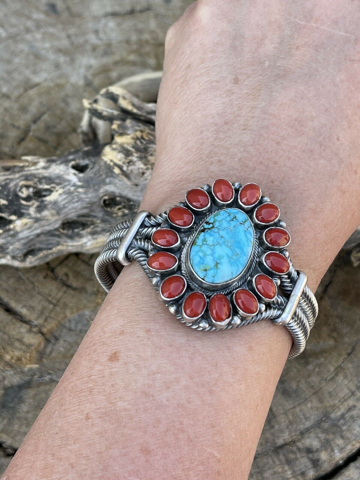 Navajo Sterling Kingman Web Turquoise & Red Coral Taos Bracelet Cuff B. Johnson