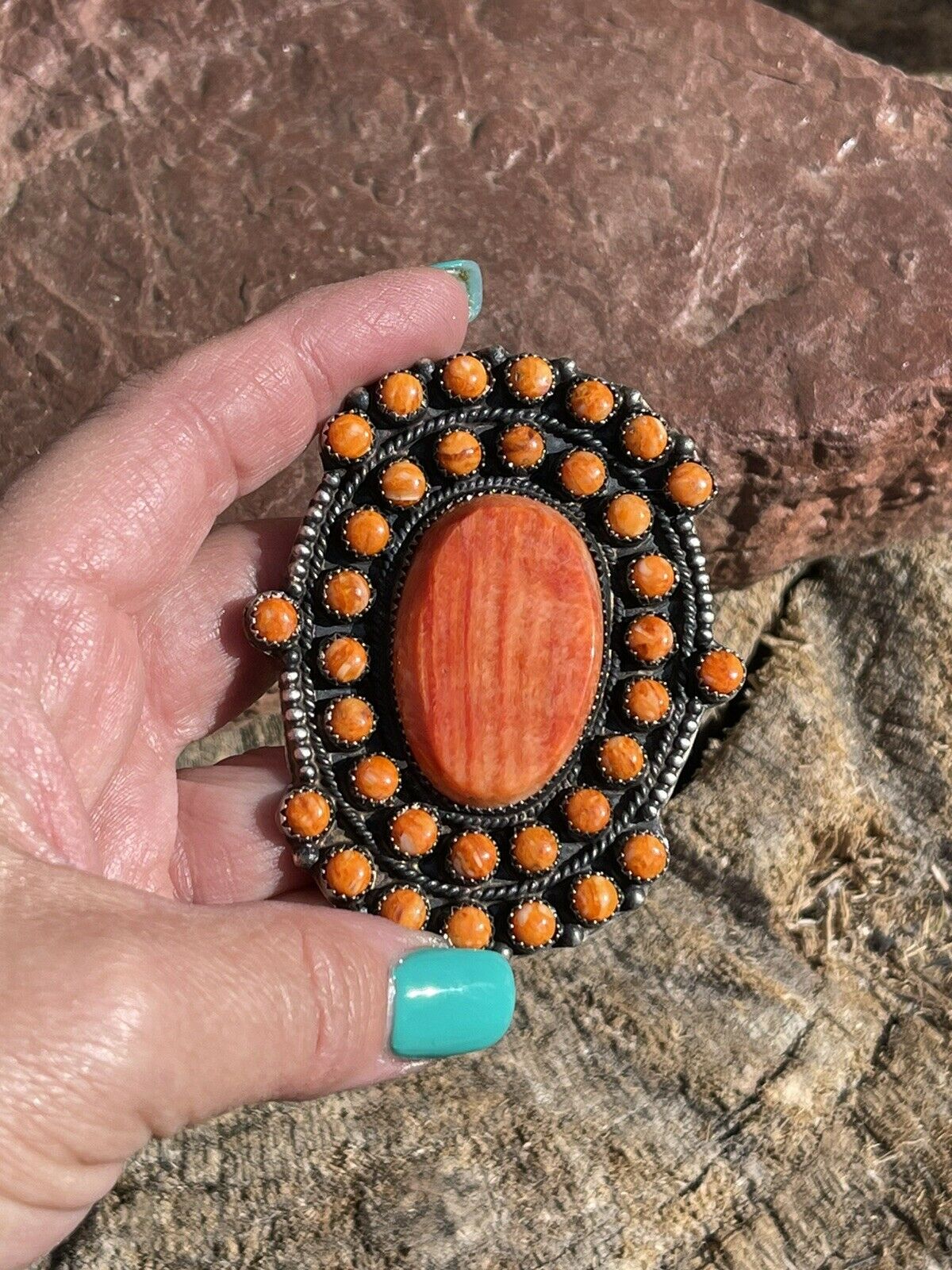 Navajo Sterling Silver Orange Spiny Cluster Jumbo Ring Sz 9