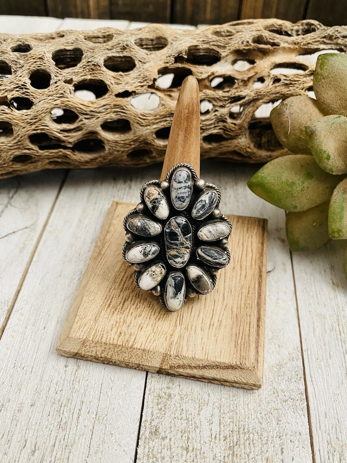 Navajo Sterling Silver And White Buffalo Adjustable Cluster Ring  Signed