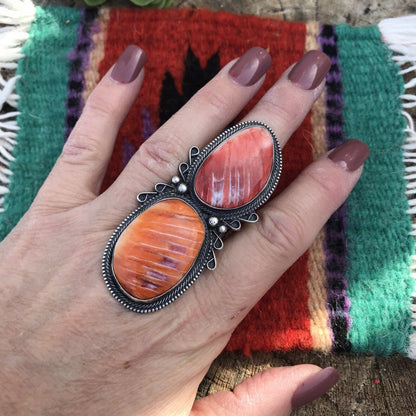 Orange Spiny Oyster & Sterling Silver Ring Size 7.5