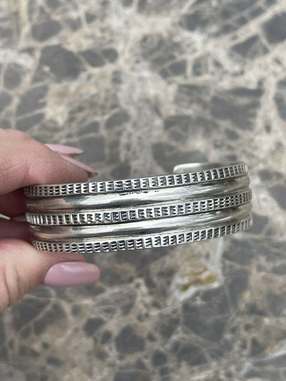 Navajo Sterling Silver Tribal Style Hand Stamped Bracelet Cuff Signed