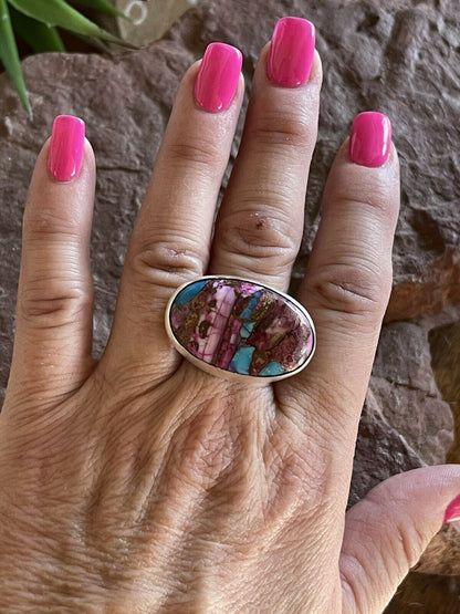 Navajo Pink Dream Mojave Oval Rope & Sterling Silver Adjustable Ring