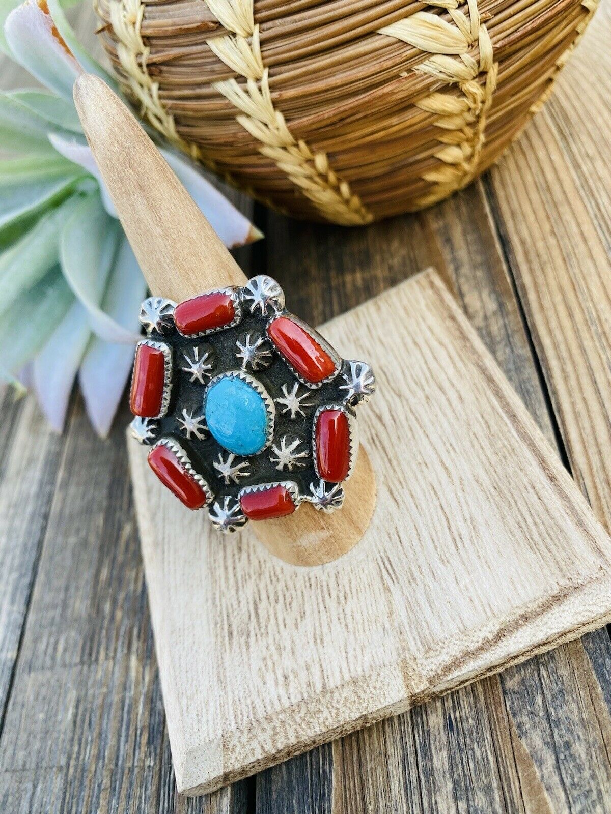 Navajo Turquoise, Coral & Sterling Silver Ring Size 9