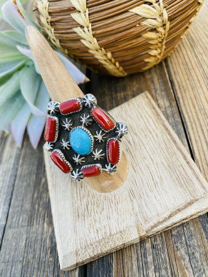 Navajo Turquoise, Coral & Sterling Silver Ring Size 9