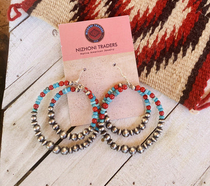 Navajo Turquoise, Coral & Sterling Silver Navajo Pearl Dangle Hoop Earrings