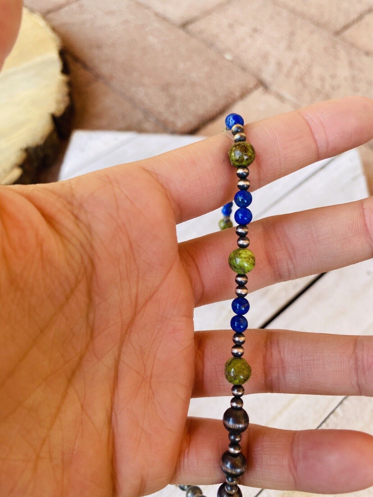 Navajo Lapis, Gaspeite And Sterling Silver Navajo Pearl Beaded Necklace