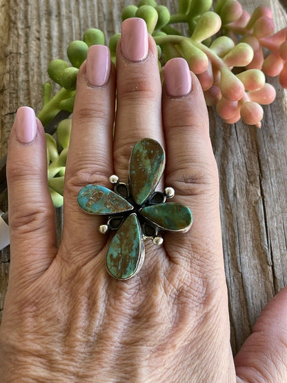 Sterling Silver & Royston Turquoise Petal Ring Size 8. Signed