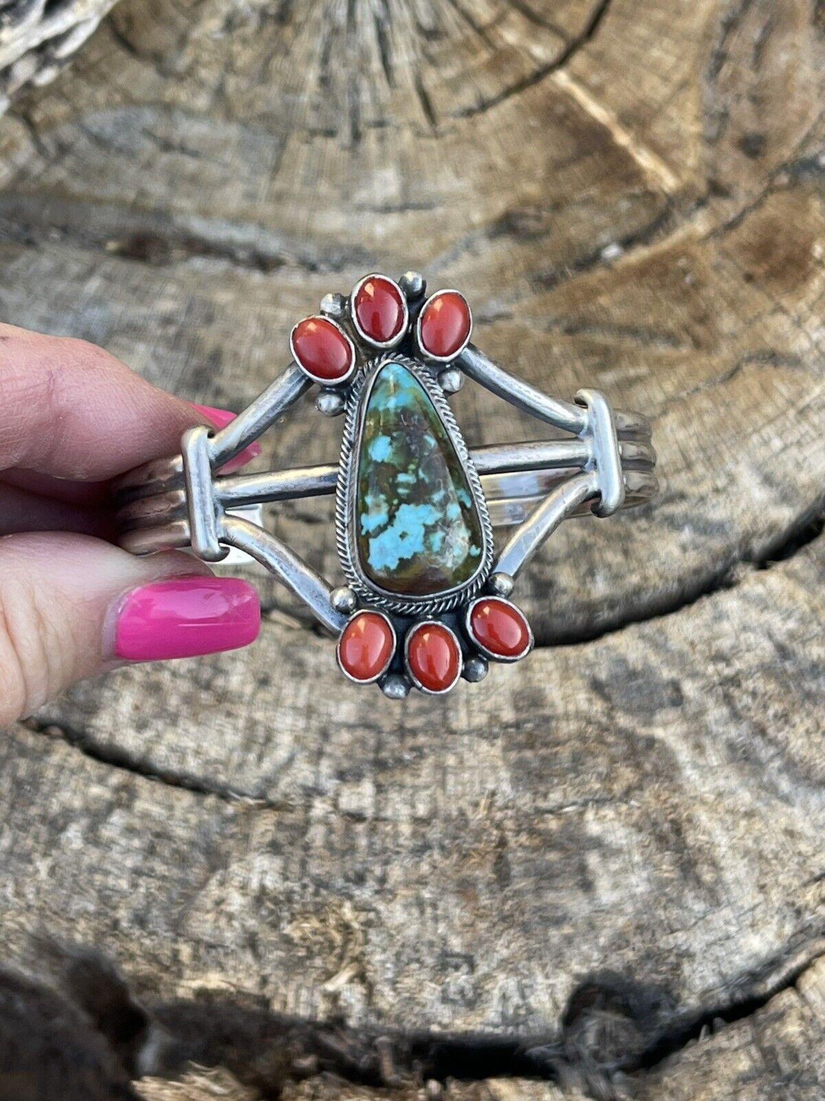 Navajo Sterling Kingman Web Turquoise & Red Coral Taos Bracelet Cuff Johnson