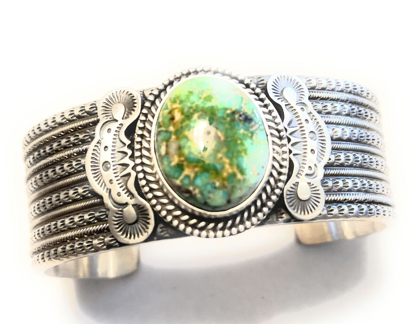 Navajo Sterling Silver & Sonoran Gold Turquoise Cuff Bracelet Signed & Stamped