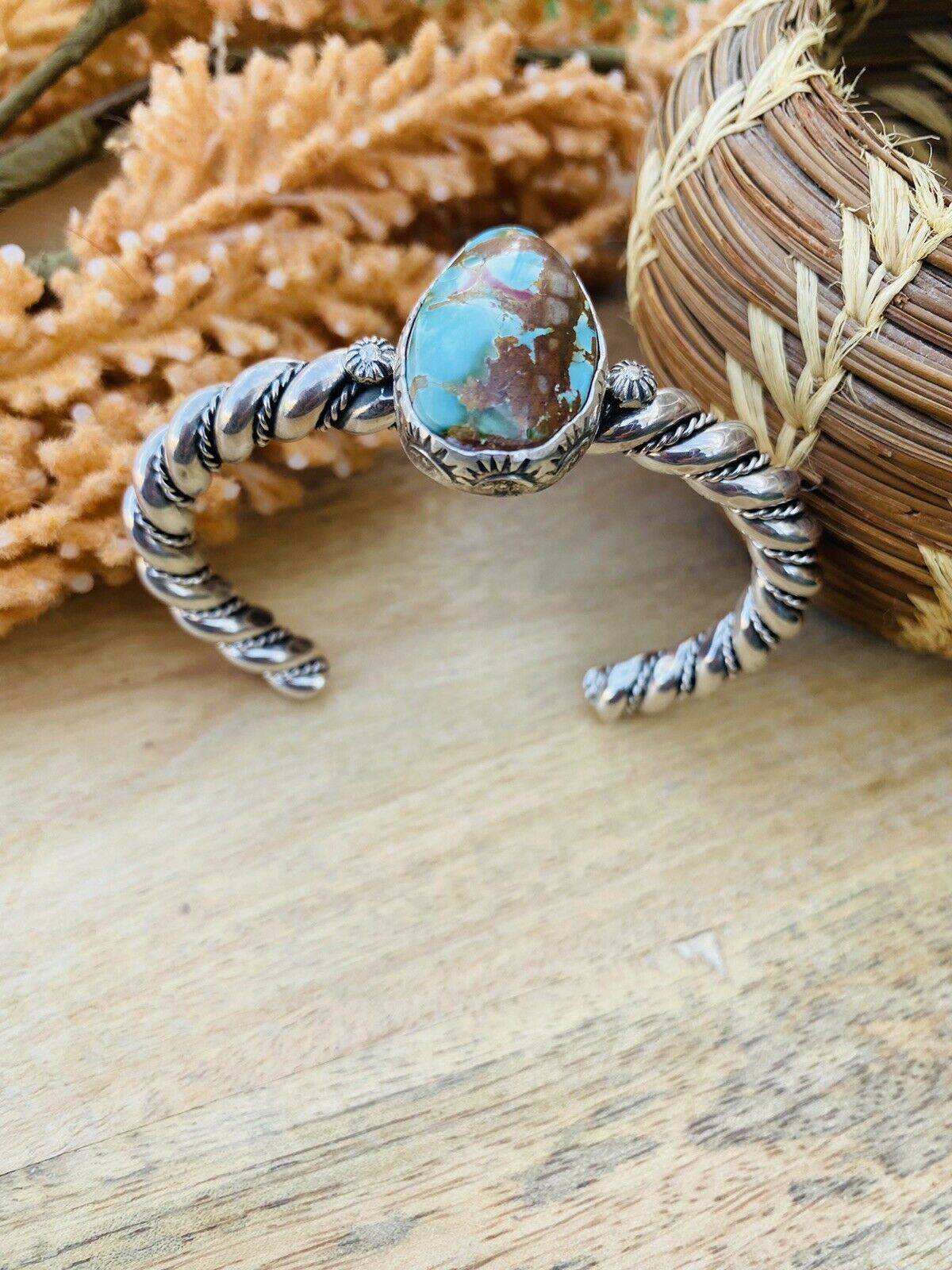 Navajo Hand Stamped Sterling Silver & Royston Turquoise Cuff Bracelet