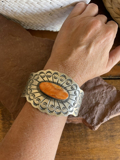 Navajo Orange Spiny & Sterling Silver Concho Cuff Bracelet Chimney Butte Signed