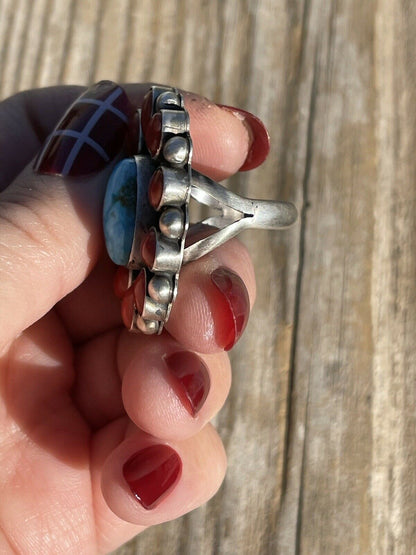 Navajo Sterling Silver Kingman Web Turquoise & Red Coral Taos Ring Sz 5.5