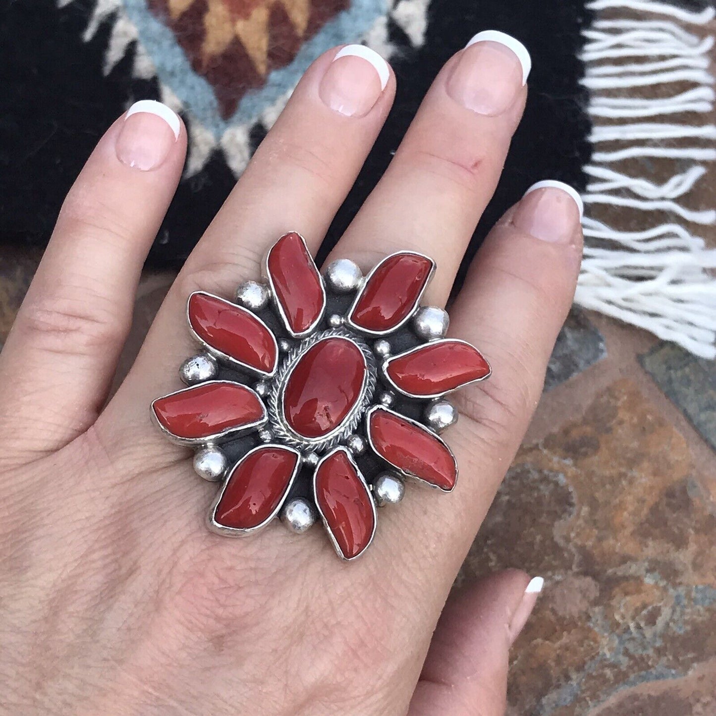 Navajo Sterling Silver Natural Red Coral Cluster Ring Lorenzo James