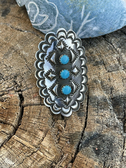 Navajo 3 Stone Turquoise & Sterling Silver Concho Ring Adjustable Signed L.Tahe