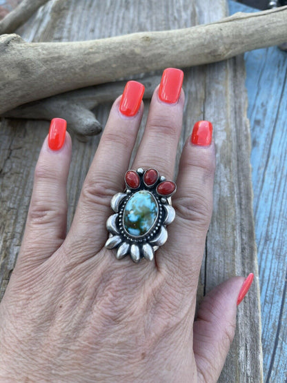 Navajo Sterling Kingman Web Turquoise & Red Coral Taos Collection Ring Sz 8.5