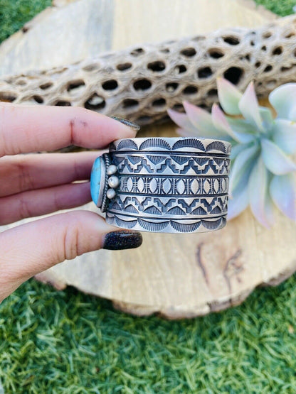 Vintage Navajo Turquoise & Sterling Silver Hand Stamped Cuff Bracelet