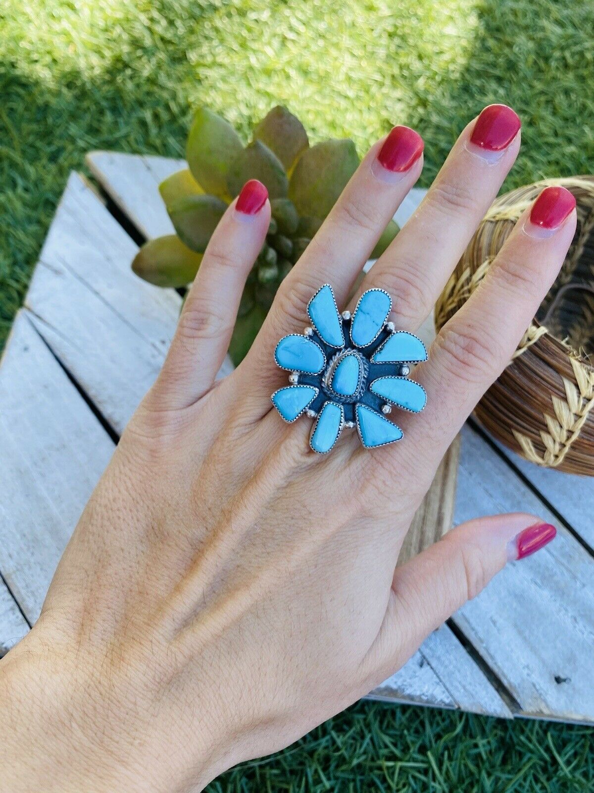 Navajo Turquoise & Sterling Silver Cluster Ring Size 7