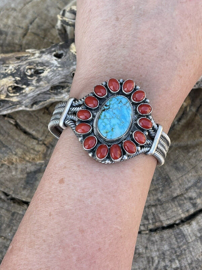 Navajo Sterling Kingman Web Turquoise & Red Coral Taos Bracelet Cuff B. Johnson