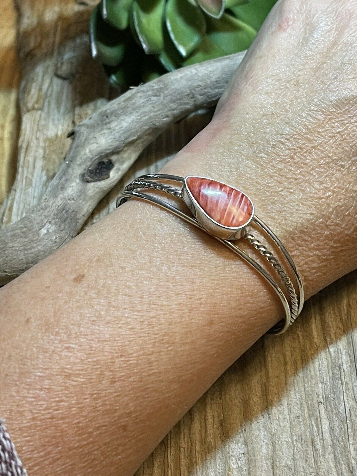 Navajo Teardrop Orange Spiny Sterling Silver Bracelet Rope Style Cuff